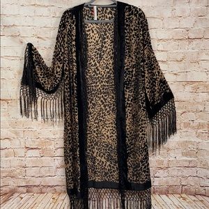 Gorgeous Leopard Velvet Fringed kimono Duster NWOT